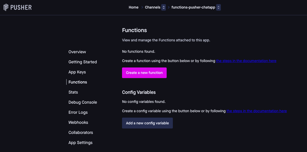 Pusher Serverless Functions in the dashboard