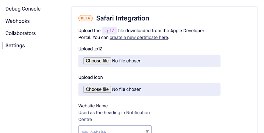 Screenshot showing the Safari Integration section of the settings page on the Beams dashboard